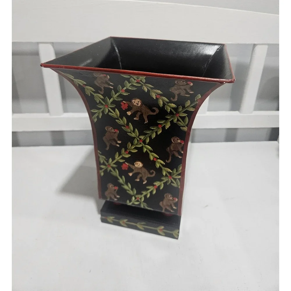 Vintage Toleware Vase or Cachepot Feat. Handpainted Monkeys & Vines